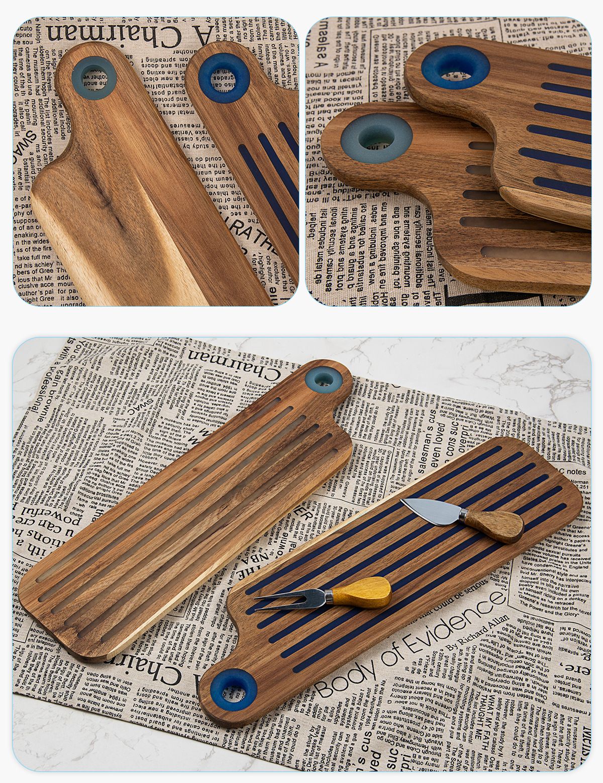 Striped Long Acacia Wood Cutting Board – 43×12.3cm Grooved Chopping Paddle (Model A & B)